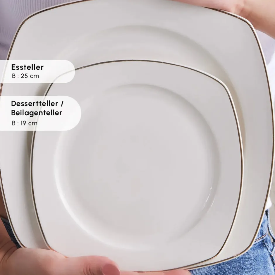 Karaca Tafelservice Für 12 Personen-Timeless Gold Square Geschirr-Set für 12 Personen, 84-teilig Weıß01