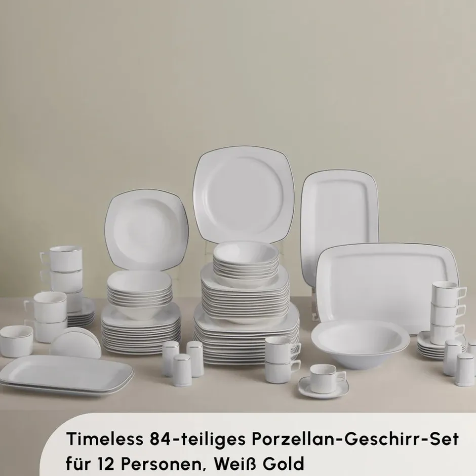 Karaca Tafelservice Für 12 Personen-Timeless Square Geschirr-Set für 12 Personen, 84-teilig Gold