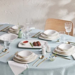 Karaca Tafelservice Für 12 Personen-Timeless 59-teiliges Porzellan Halb-Quadratisches Dinner-Set für 12 Personen, Gold
