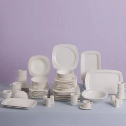 Karaca Tafelservice Für 12 Personen-Timeless White Square Geschirr-Set für 12 Personen, 84 Teilig Weıß