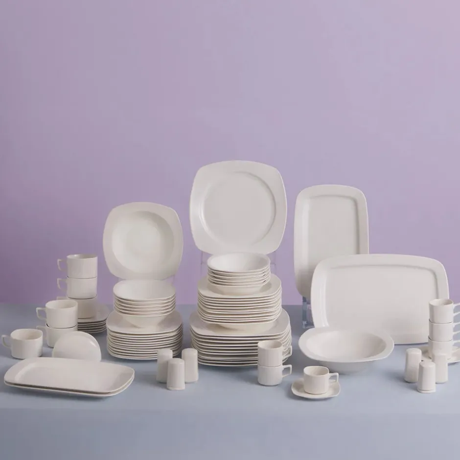 Karaca Tafelservice Für 12 Personen-Timeless White Square Geschirr-Set für 12 Personen, 84 Teilig Weıß