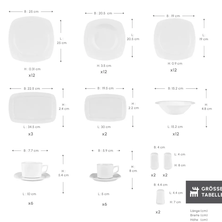 Karaca Tafelservice Für 12 Personen-Timeless White Square Geschirr-Set für 12 Personen, 84 Teilig Weıß