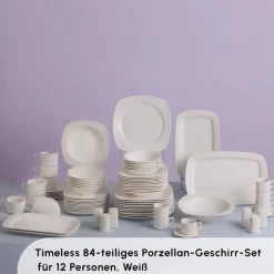 Karaca Tafelservice Für 12 Personen-Timeless White Square Geschirr-Set für 12 Personen, 84 Teilig Weıß