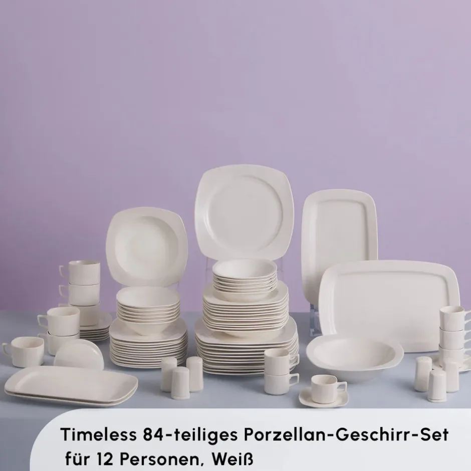 Karaca Tafelservice Für 12 Personen-Timeless White Square Geschirr-Set für 12 Personen, 84 Teilig Weıß