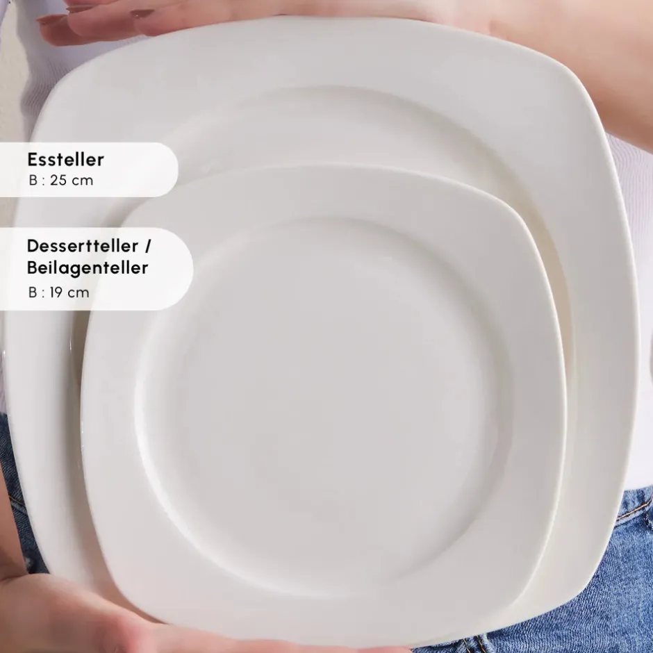 Karaca Tafelservice Für 12 Personen-Timeless White Square Geschirr-Set für 12 Personen, 84 Teilig Weıß