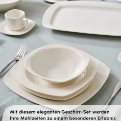 Karaca Tafelservice Für 12 Personen-Timeless White Square Geschirr-Set für 12 Personen, 84 Teilig Weıß