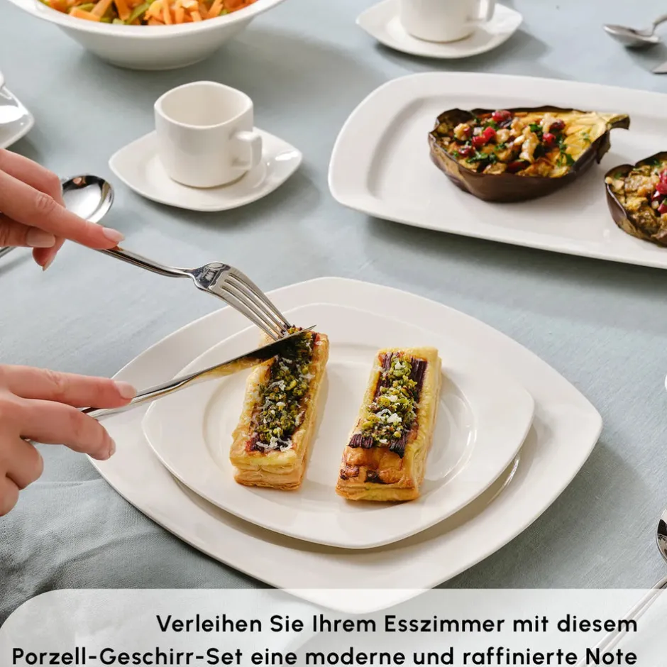 Karaca Tafelservice Für 12 Personen-Timeless White Square Geschirr-Set für 12 Personen, 84 Teilig Weıß