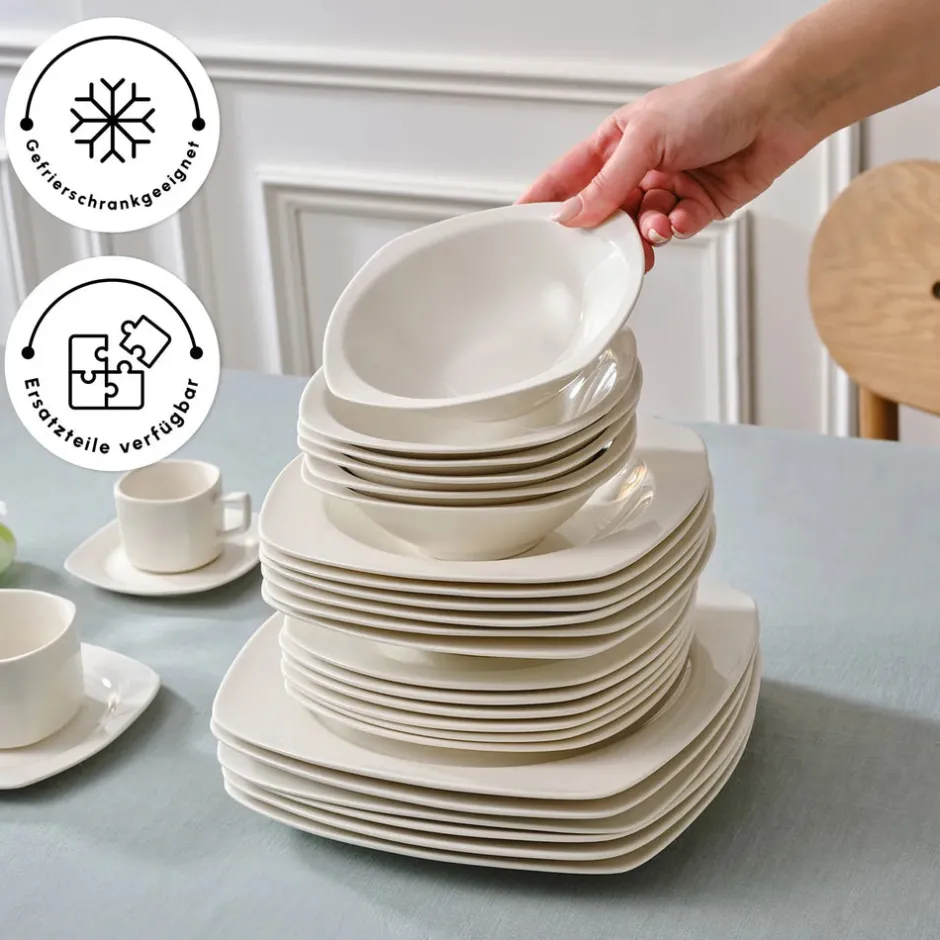 Karaca Tafelservice Für 12 Personen-Timeless White Square Geschirr-Set für 12 Personen, 84 Teilig Weıß