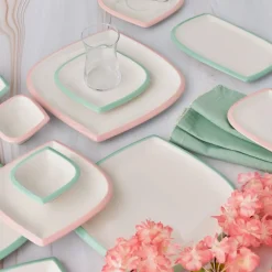 Karaca Frühstücksset Für 6 Personen-Tiny Rim für 6 Personen Frühstücksset und Servierschalen, 26 Teilig, Rosa Grün Multıfarben