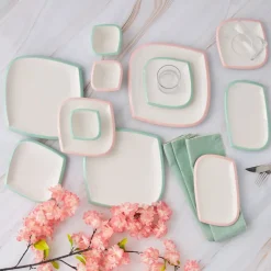 Karaca Frühstücksset Für 6 Personen-Tiny Rim für 6 Personen Frühstücksset und Servierschalen, 26 Teilig, Rosa Grün Multıfarben