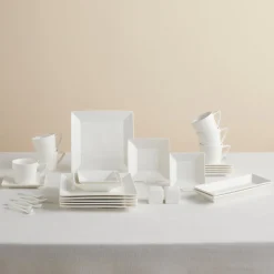 Karaca Frühstücksgeschirr|Frühstücksset Für 6 Personen-Trend Emboss Quadrat Frühstücksset und Servierschalen, 32 Teilig Weıß01