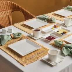 Karaca Frühstücksgeschirr|Frühstücksset Für 6 Personen-Trend Emboss Quadrat Frühstücksset und Servierschalen, 32 Teilig Weıß01