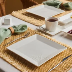 Karaca Frühstücksgeschirr|Frühstücksset Für 6 Personen-Trend Emboss Quadrat Frühstücksset und Servierschalen, 32 Teilig Weıß01