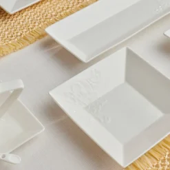Karaca Frühstücksgeschirr|Frühstücksset Für 6 Personen-Trend Emboss Quadrat Frühstücksset und Servierschalen, 32 Teilig Weıß01