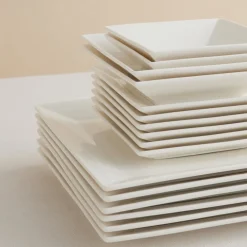 Karaca Frühstücksgeschirr|Frühstücksset Für 6 Personen-Trend Emboss Quadrat Frühstücksset und Servierschalen, 32 Teilig Weıß01