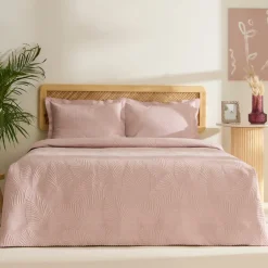 Karaca Bettüberwürfe Set-Leaf Bettüberwurf-Set Anthrazit 230x240 Cm + 2 (50x70 Cm) Puder Rosa