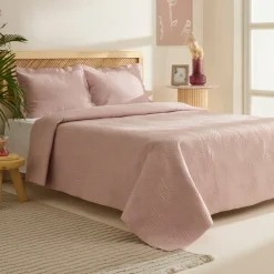 Karaca Bettüberwürfe Set-Leaf Bettüberwurf-Set Anthrazit 230x240 Cm + 2 (50x70 Cm) Puder Rosa