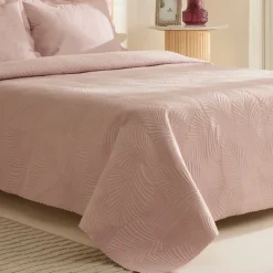 Karaca Bettüberwürfe Set-Leaf Bettüberwurf-Set Anthrazit 230x240 Cm + 2 (50x70 Cm) Puder Rosa