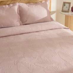 Karaca Bettüberwürfe Set-Leaf Bettüberwurf-Set Anthrazit 230x240 Cm + 2 (50x70 Cm) Puder Rosa
