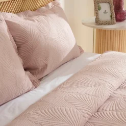 Karaca Bettüberwürfe Set-Leaf Bettüberwurf-Set Anthrazit 230x240 Cm + 2 (50x70 Cm) Puder Rosa
